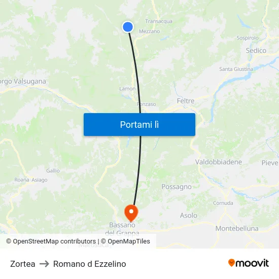 Zortea to Romano d Ezzelino map