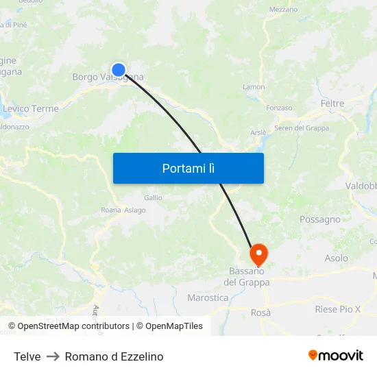 Telve to Romano d Ezzelino map