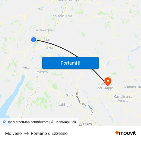 Molveno to Romano d Ezzelino map