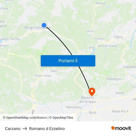 Carzano to Romano d Ezzelino map