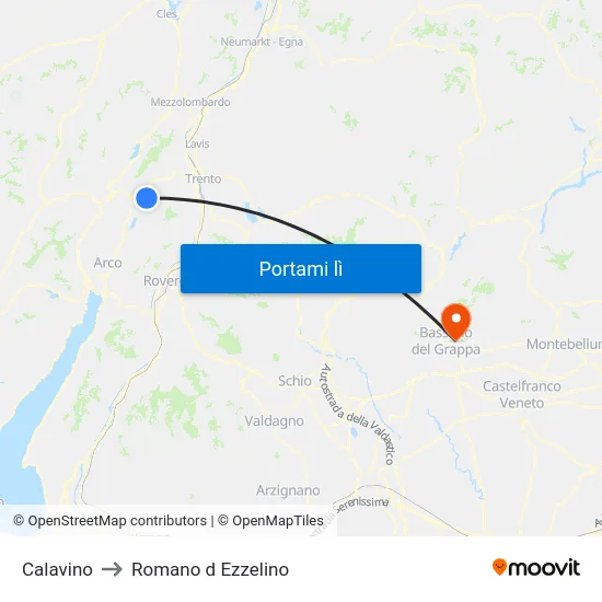 Calavino to Romano d Ezzelino map