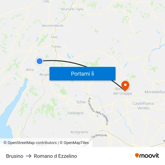 Brusino to Romano d Ezzelino map