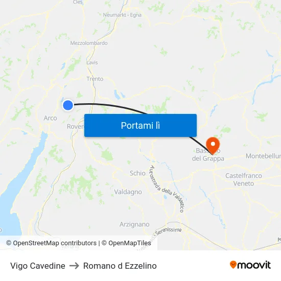 Vigo Cavedine to Romano d Ezzelino map