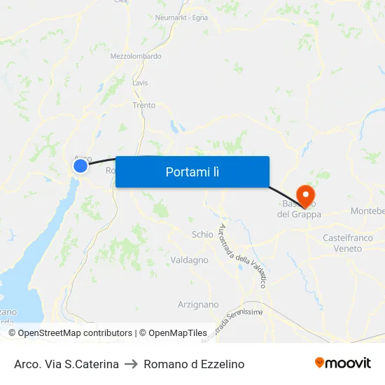 Arco. Via S.Caterina to Romano d Ezzelino map