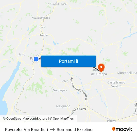 Rovereto. Via Barattieri to Romano d Ezzelino map