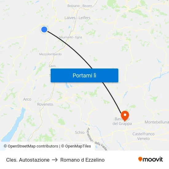 Cles. Autostazione to Romano d Ezzelino map