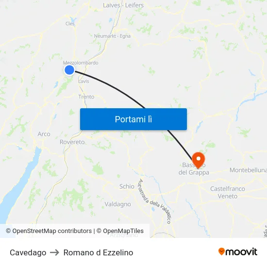 Cavedago to Romano d Ezzelino map