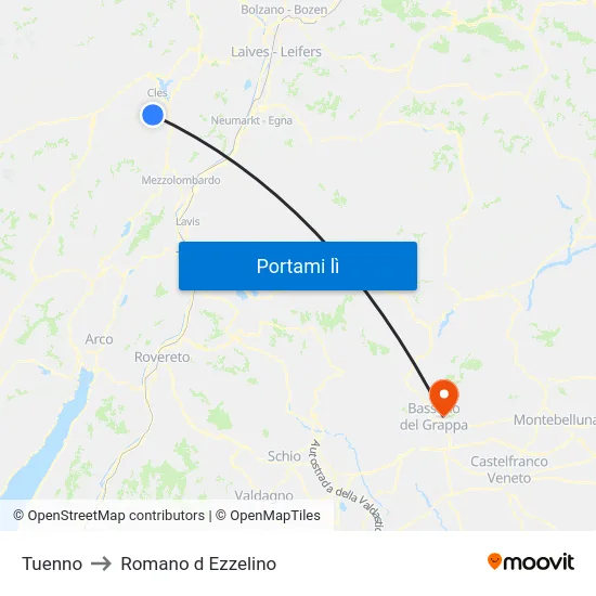 Tuenno to Romano d Ezzelino map
