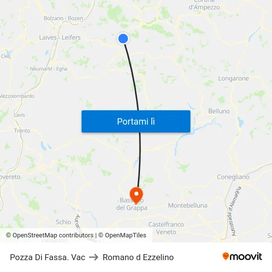 Pozza Di Fassa. Vac to Romano d Ezzelino map