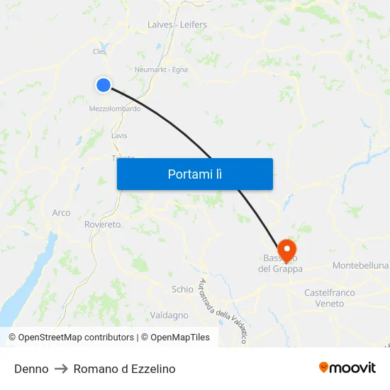 Denno to Romano d Ezzelino map