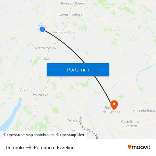 Dermulo to Romano d Ezzelino map