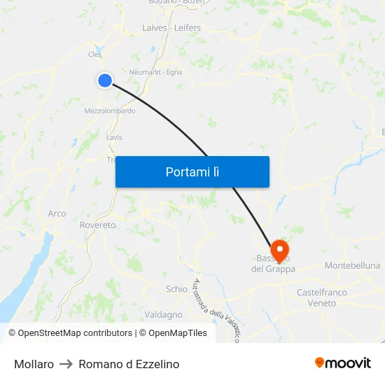 Mollaro to Romano d Ezzelino map