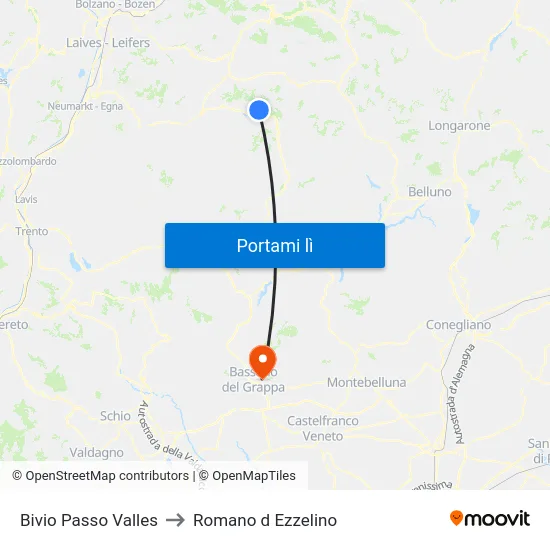 Bivio Passo Valles to Romano d Ezzelino map