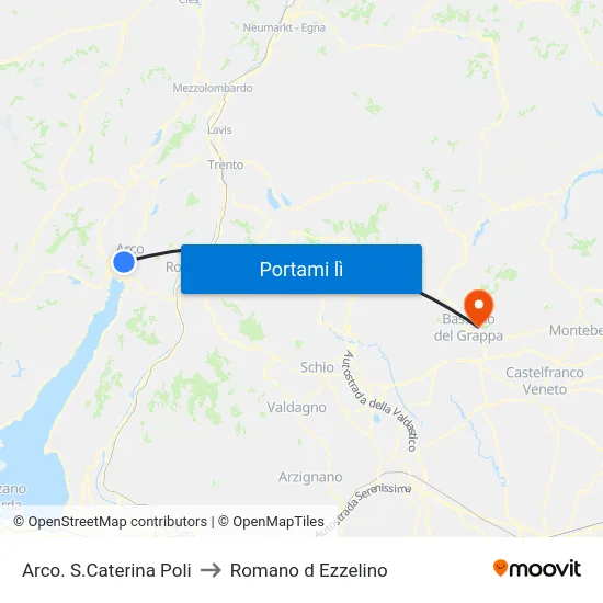 Arco. S.Caterina Poli to Romano d Ezzelino map