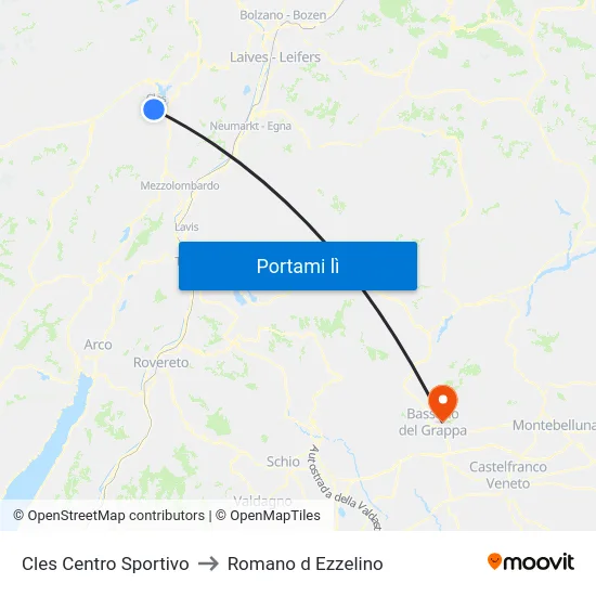 Cles Centro Sportivo to Romano d Ezzelino map