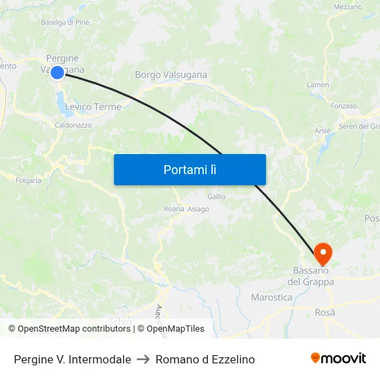 Pergine V. Intermodale to Romano d Ezzelino map