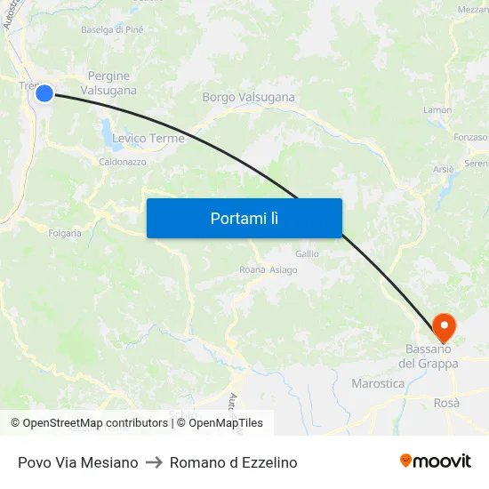 Povo Via Mesiano to Romano d Ezzelino map