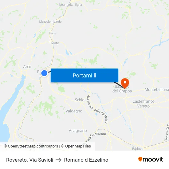 Rovereto. Via Savioli to Romano d Ezzelino map