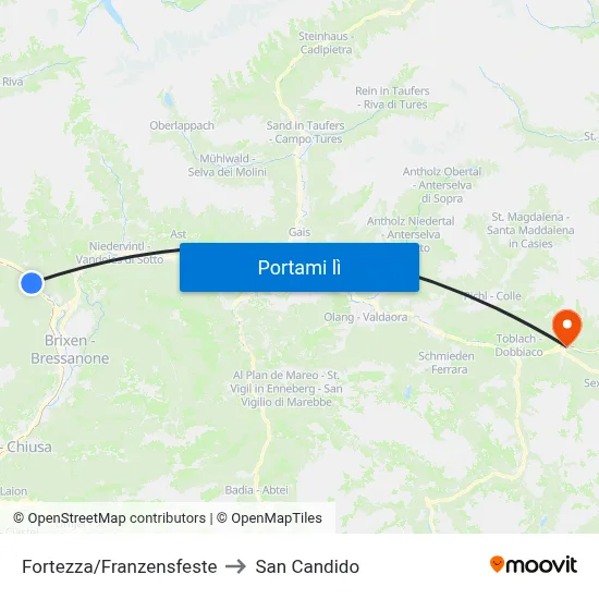 Fortezza/Franzensfeste to San Candido map