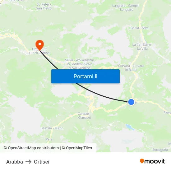 Arabba to Ortisei map