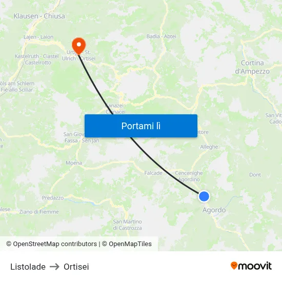Listolade to Ortisei map