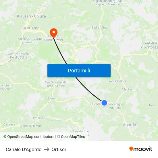 Canale D'Agordo to Ortisei map