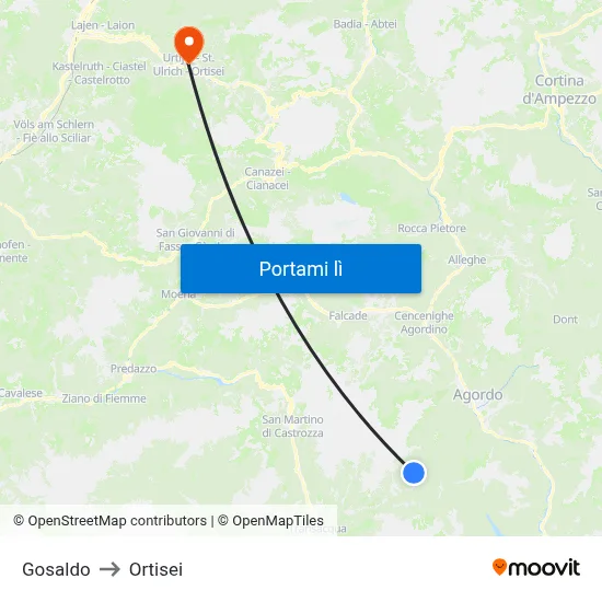 Gosaldo to Ortisei map