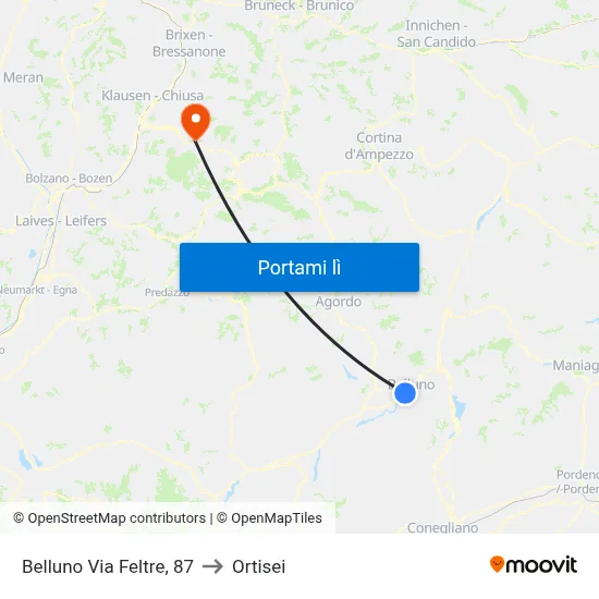Belluno Via Feltre, 87 to Ortisei map