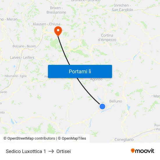 Sedico Luxottica 1 to Ortisei map