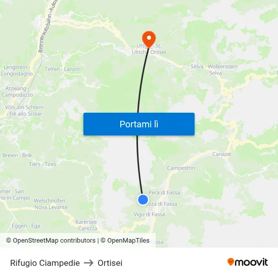 Rifugio Ciampedie to Ortisei map