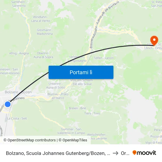 Bolzano, Scuola Johannes Gutenberg/Bozen, Johannes-Gutenberg-Schule to Ortisei map