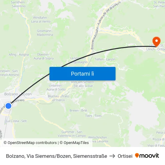 Bolzano, Via Siemens/Bozen, Siemensstraße to Ortisei map
