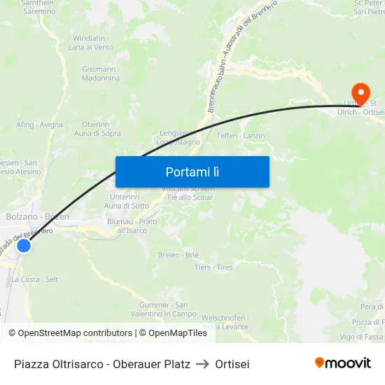 Piazza Oltrisarco - Oberauer Platz to Ortisei map