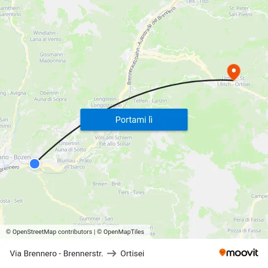 Via Brennero - Brennerstr. to Ortisei map