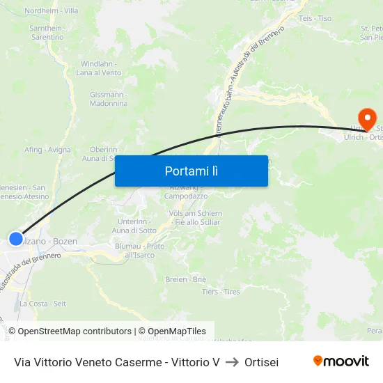 Via Vittorio Veneto Caserme - Vittorio V to Ortisei map