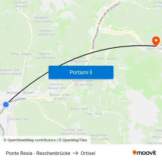 Ponte Resia - Reschenbrücke to Ortisei map