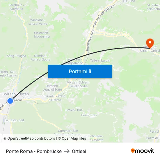 Ponte Roma - Rombrücke to Ortisei map