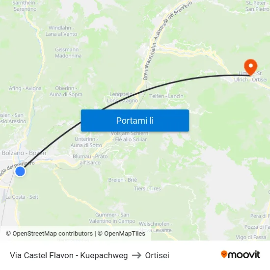 Via Castel Flavon - Kuepachweg to Ortisei map
