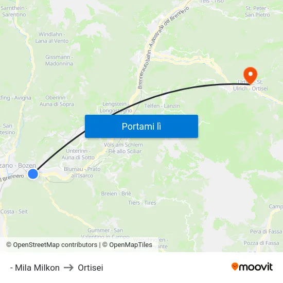 - Mila Milkon to Ortisei map