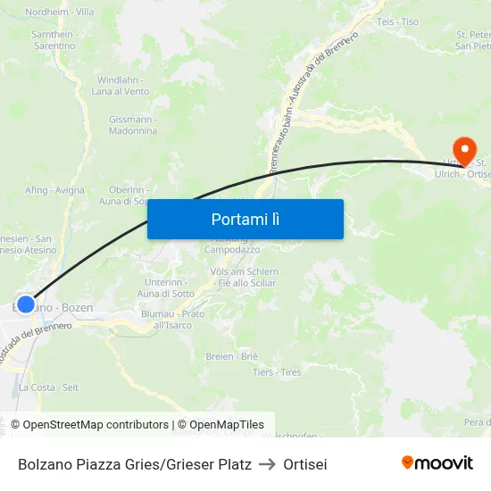 Bolzano Piazza Gries/Grieser Platz to Ortisei map