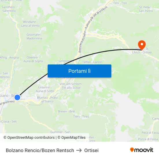 Bolzano Rencio/Bozen Rentsch to Ortisei map