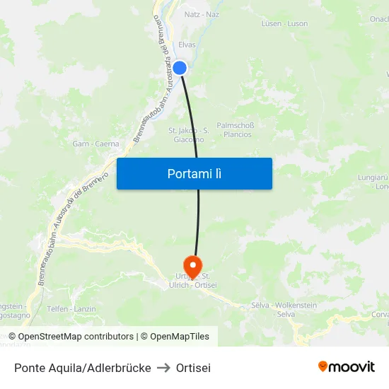 Ponte Aquila/Adlerbrücke to Ortisei map