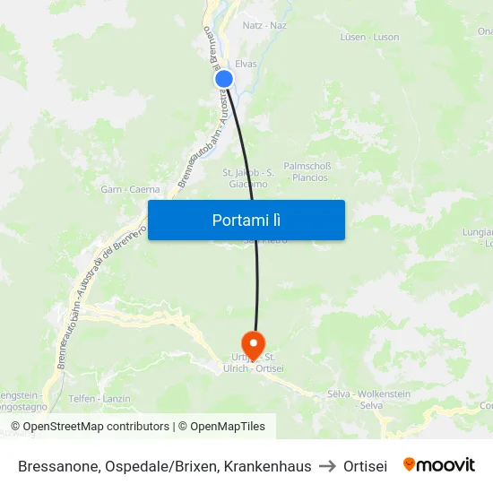 Bressanone, Ospedale/Brixen, Krankenhaus to Ortisei map