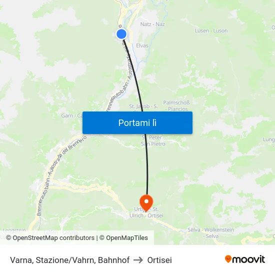 Varna, Stazione/Vahrn, Bahnhof to Ortisei map
