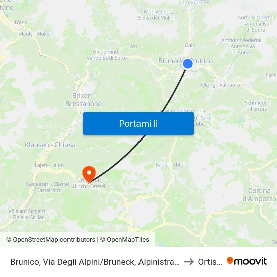 Brunico, Via Degli Alpini/Bruneck, Alpinistraße to Ortisei map