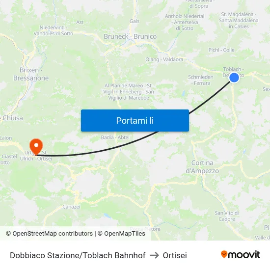 Dobbiaco Stazione/Toblach Bahnhof to Ortisei map
