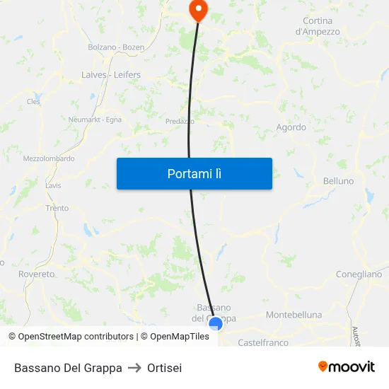 Bassano Del Grappa to Ortisei map