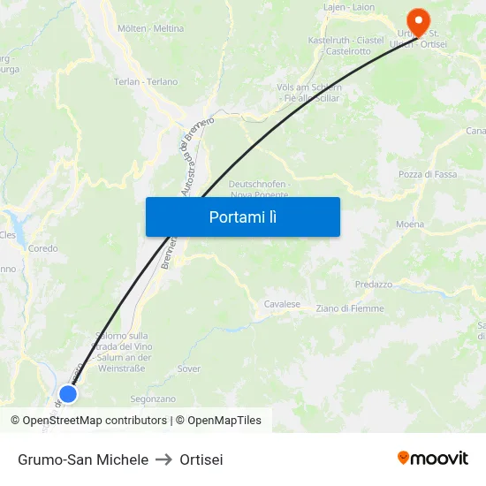 Grumo-San Michele to Ortisei map