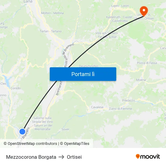 Mezzocorona Borgata to Ortisei map
