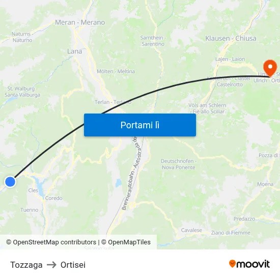 Tozzaga to Ortisei map